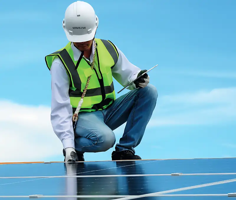 muž s helmou pracuje na fotovoltaických panelech